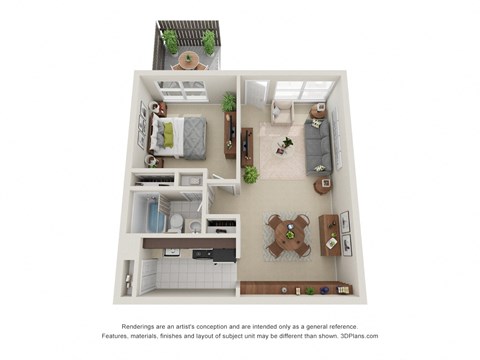 Floor plan for 1 bed, 1 bath, 576 sqft
